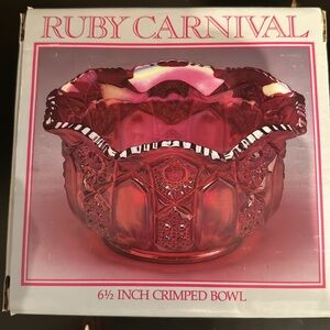 NIB Ruby Carnival 6 1/2” Crimped Bowl. Fayette Hand Glass Company.￼